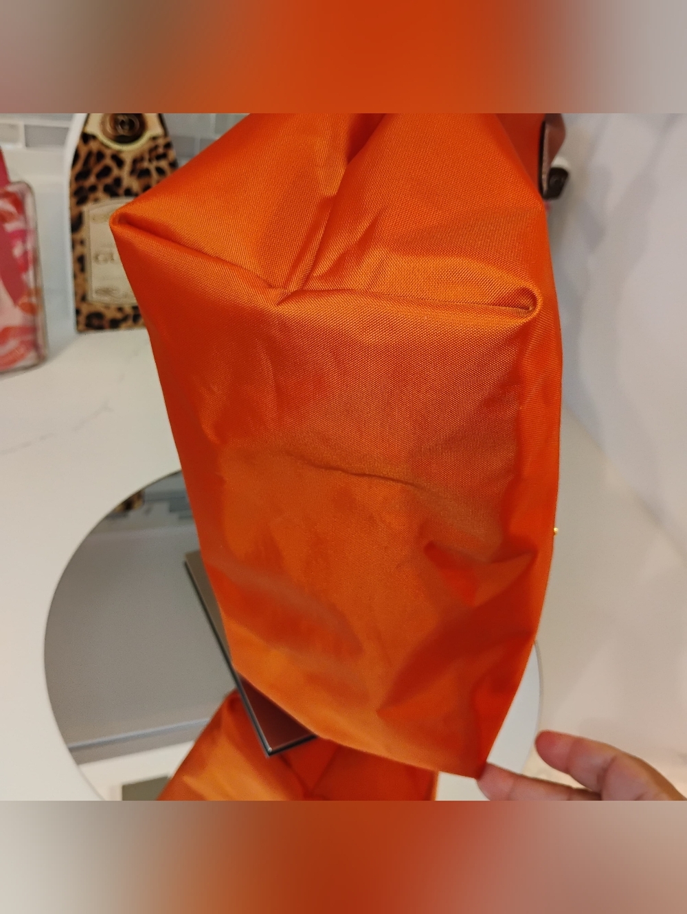 Longchamp Classic Nylon Tote - Orange with Cognac Leather Trim & GHW - Picture 8 of 15